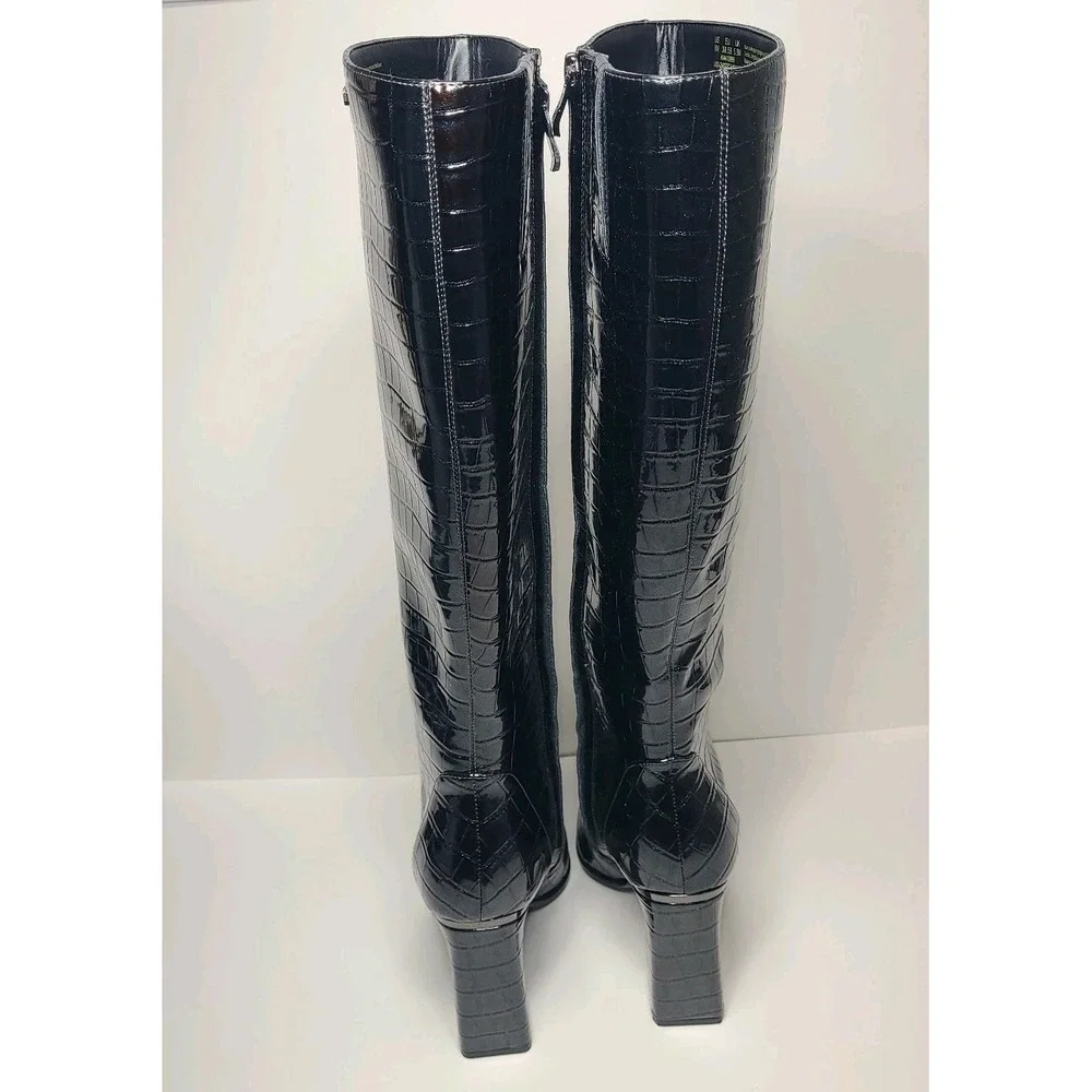 DKNY Knee High Boots Size 8M Black Croc Embossed Block Heel Charcoal Iridescent